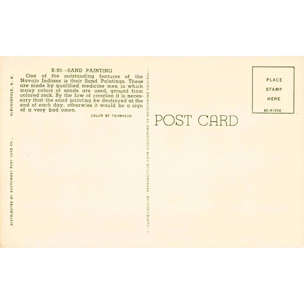 Vintage Navajo Sand Painting Postcard Thompson Southwest Post Card Co K-93 NM - Picture 2 of 2